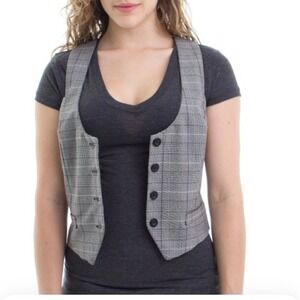 Ambiance Apparel Womens Plaid Button-Up Vest Size M Grey